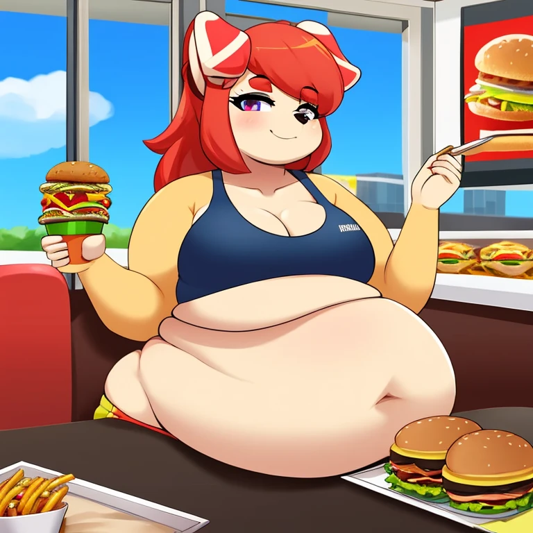 Dog sitting in fast food restaurant, eating a burger, she has a jiggly fat round belly, love handles, crop top, tight clothes, on table are several burgers 