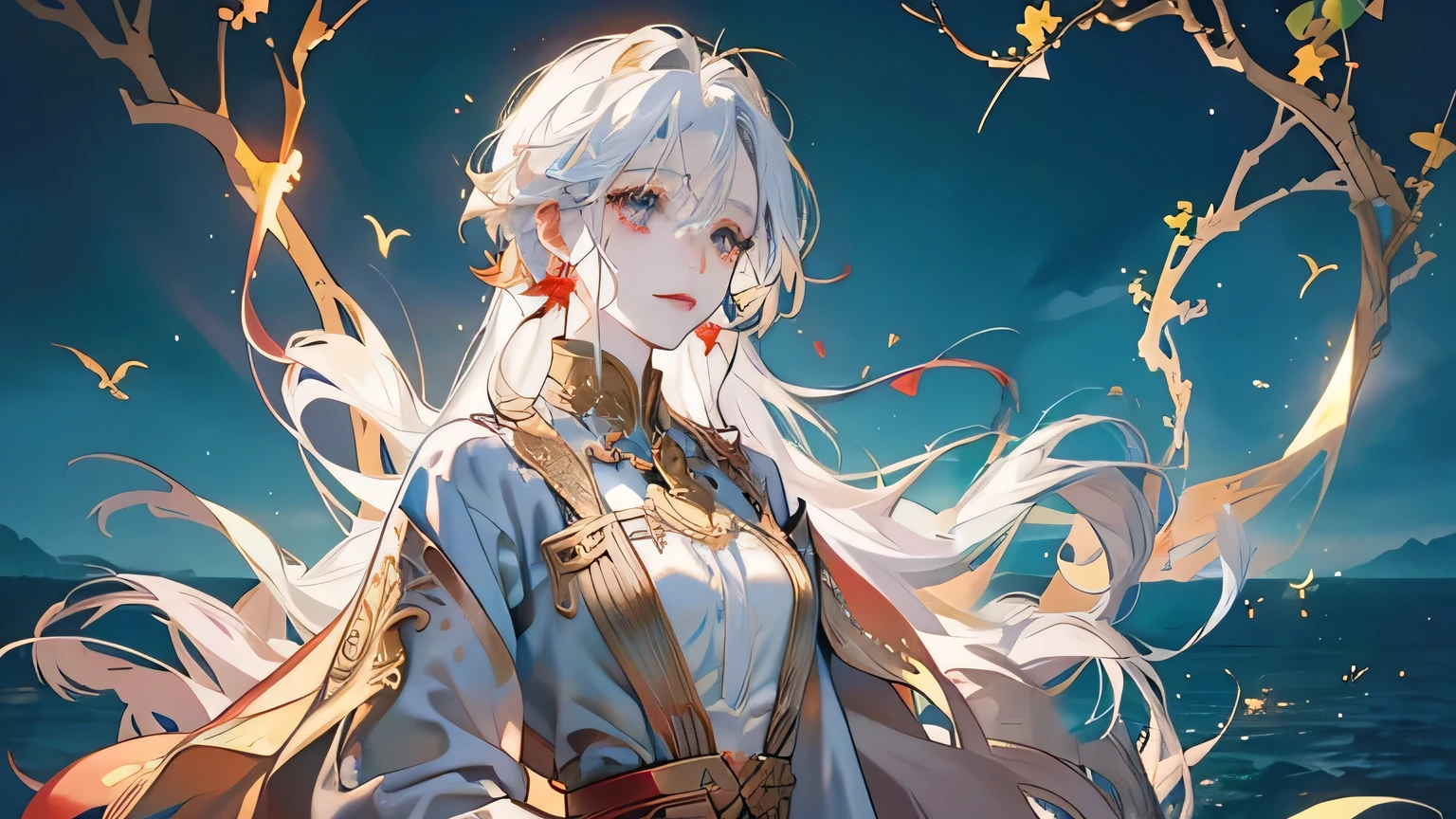 white hair,Multi-color,ocean,glowing plant,water