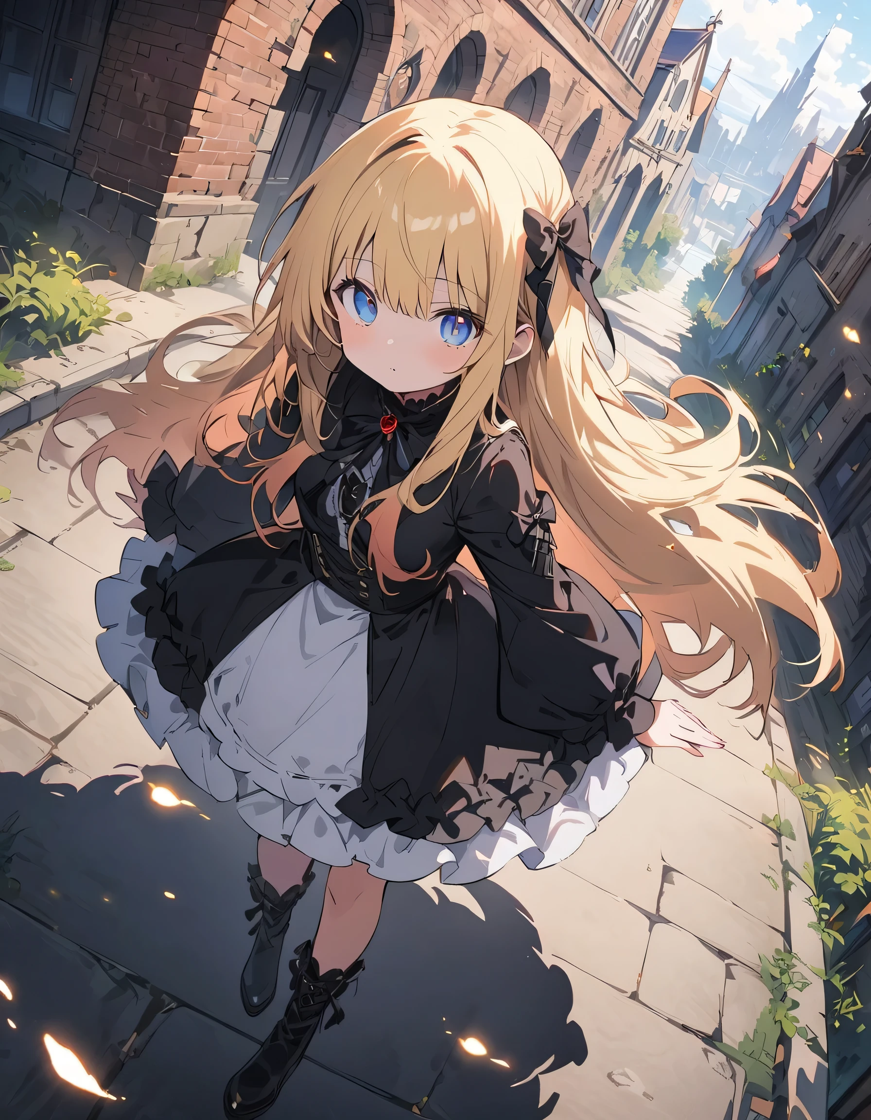 (Very detailed 、 8k wallpaper,masterpiece, highest quality, Very detailed),(Best lighting, Best Shadow, Very delicate and beautiful),floating,High saturation,Blonde+blue eyes:1.2,Gloomy Gothic Landscape, Long Hair, Gazing into the distance. (Beautiful girl with long blonde hair and sparkling blue eyes gothic lighting)、Gothic ta Clothing、(highest quality、masterpiece、High resolution、detailed)、anime style、Flat Style、(Shining Eyes、Beautiful Face), BREAK,extremely detailed、Dynamic Angle、anime、fullbody、Stylish Gothic Western-style building、Western