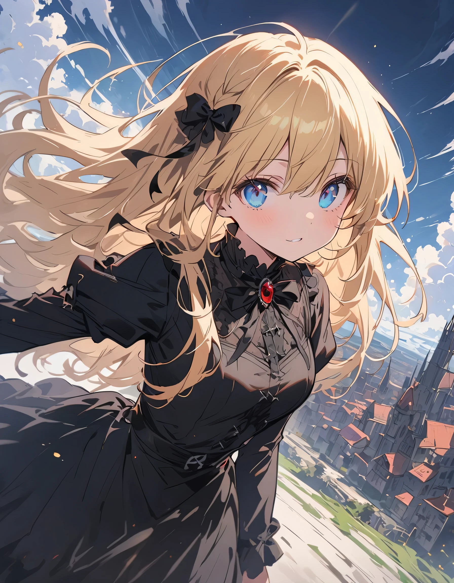 (Very detailed 、 8k wallpaper,masterpiece, highest quality, Very detailed),(Best lighting, Best Shadow, Very delicate and beautiful),floating,High saturation,Blonde+blue eyes:1.2,Gloomy Gothic Landscape, Long Hair, Gazing into the distance. (Beautiful girl with long blonde hair and sparkling blue eyes gothic lighting)、Gothic Lolita Clothing、(highest quality、masterpiece、High resolution、detailed)、anime style、Flat Style、(Shining Eyes、Beautiful Face),  BREAK,extremely detailed、Dynamic Angle、anime、fullbody、Stylish Gothic Western-style building、Western