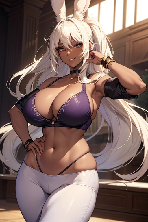 (masterpiece), best quality, highly detailed faces, (SHARP details), 4k, highly detailed, expressive eyes, SHARP detail expressive eyes, (SHARP detail perfect face), ((dark skin)), (bunny ears), (viera), ((platinum blonde hair)), (choker) amber eyes, long and wild hair, (mature woman), (big breasts), smiling, (((dancing))), ((both hands on own hips)), ((hip sway)), toned body, standing, (wearing white shirt), (wearing purple yoga pants), solo,