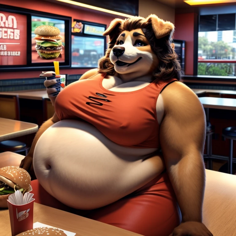Dog sitting in fast food restaurant, eating a burger, she has a jiggly fat round belly, love handles, crop top, tight clothes, on table are several burgers