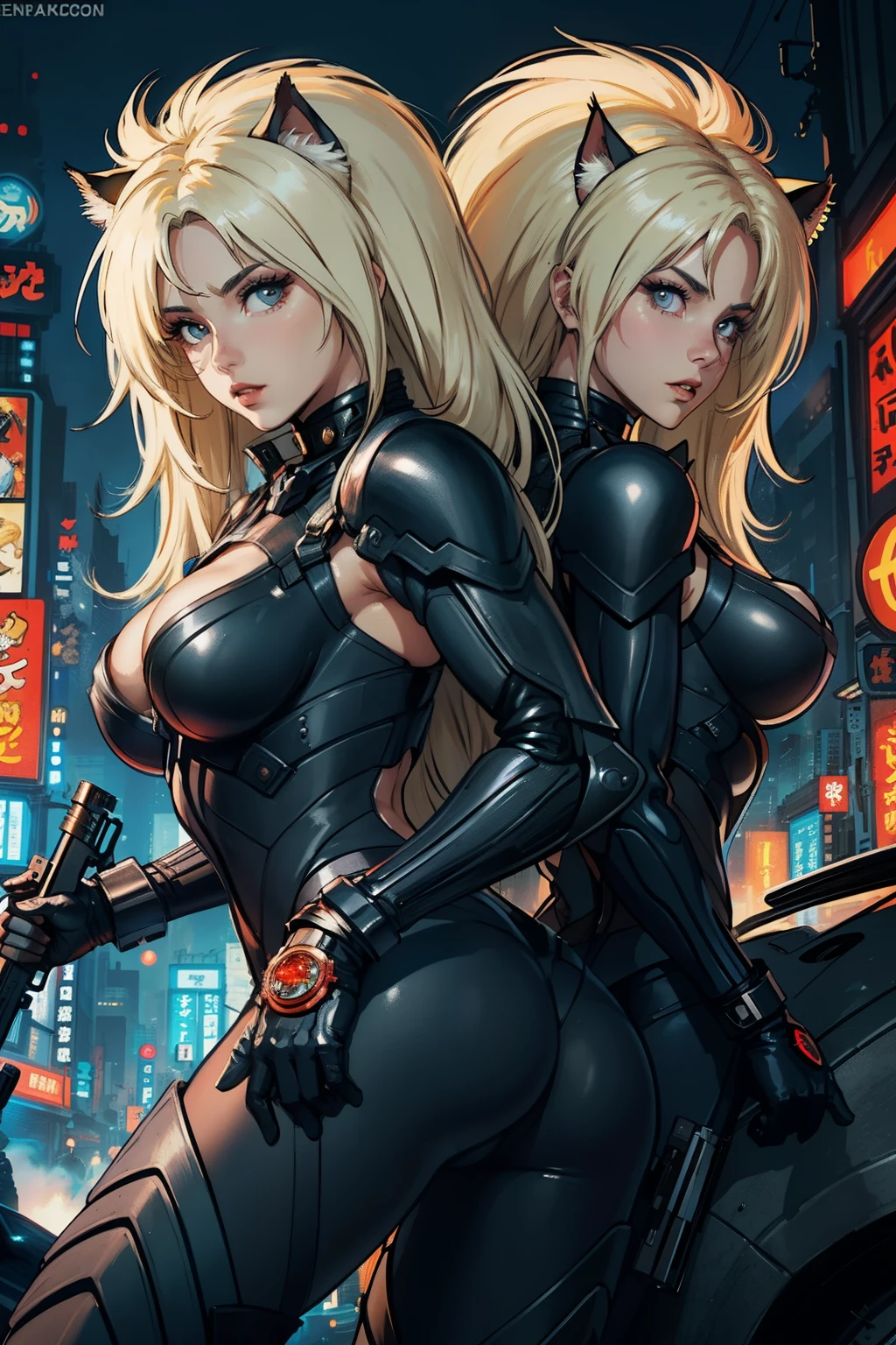 ((highest quality)), ((masterpiece)), (be familiar with), (High definition), 8K, Perfect Face、2Women、Two blonde women with cat ears、((Equipped with a large powered suit))、tall、2 Blonde cat ears、2. Long Hair、2. Volumetric hair style、Large Breasts、Narrow waist、Big Ass、glamorous、Alluring、protector、Armor、combat suit、Combat Boots、Armament、Equipped with large firearms、Cinematic、Best Shadow、Side lighting、NEO TOKYO、riot、explosion、tank、helicopter、(Close-up of face)