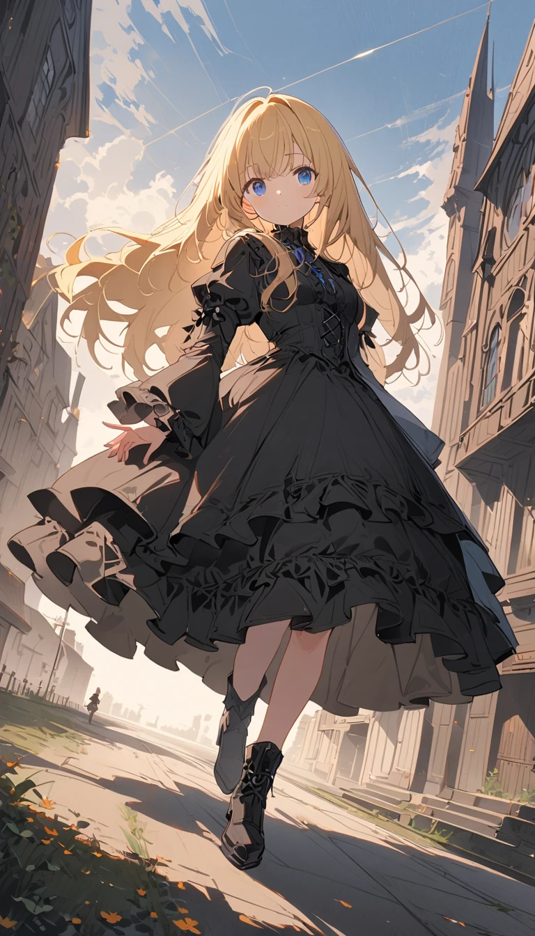 (非常にdetailedな 、 8k wallpaper,masterpiece, highest quality, 非常にdetailedな),(Best lighting, Best Shadow, Very delicate and beautiful),floating,High saturation,Blonde+blue eyes:1.2,Gloomy Gothic Landscape, Long Hair, Gazing into the distance. (長いブロンドの髪と輝くblue eyesのゴシック照明を持つ美しい女の子)、Gothic Lolita Clothing、(highest quality、masterpiece、High resolution、detailed)、animeスタイル、flatスタイル、(Shining Eyes、detailed美しい顔), BREAK,extremely detailed、Dynamic Angle、anime、fullbody、Stylish Gothic Western-style building、Western、flat