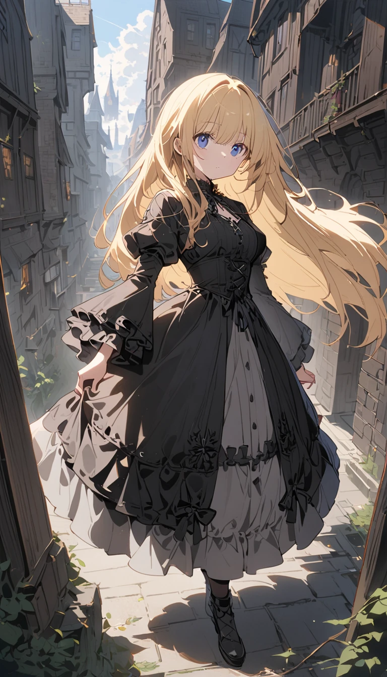 (非常にdetailedな 、 8k wallpaper,masterpiece, highest quality, 非常にdetailedな),(Best lighting, Best Shadow, Very delicate and beautiful),floating,High saturation,Blonde+blue eyes:1.2,Gloomy Gothic Landscape, Long Hair, Gazing into the distance. (長いブロンドの髪と輝くblue eyesのゴシック照明を持つ美しい女の子)、Gothic Lolita Clothing、(highest quality、masterpiece、High resolution、detailed)、animeスタイル、flatスタイル、(Shining Eyes、detailed美しい顔),  BREAK,extremely detailed、Dynamic Angle、anime、fullbody、Stylish Gothic Western-style building、Western、flat