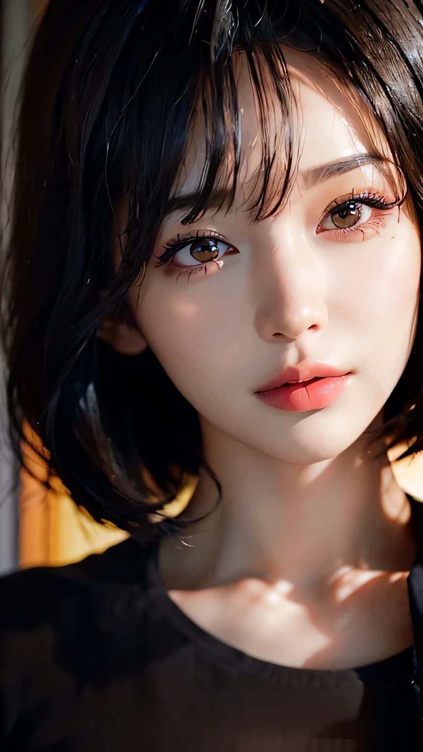 (Masseter film:1.3)、(8k、Photorealistic、Original Photography、Top quality: 1.4)、(1 Girl)、Beautiful face、(Lifelike face)、(black haired、short hair:1.3)、Beautiful hairstyle、Big wavy hair、Realistic eyes、Beautiful details、（Real skin）、Beautiful Skin、（sweater）、absurd、Tempting、Ultra-high resolution、Surrealism、high detail、Golden Ratio、Sixteen years old、Beautiful makeup、Half-length photo