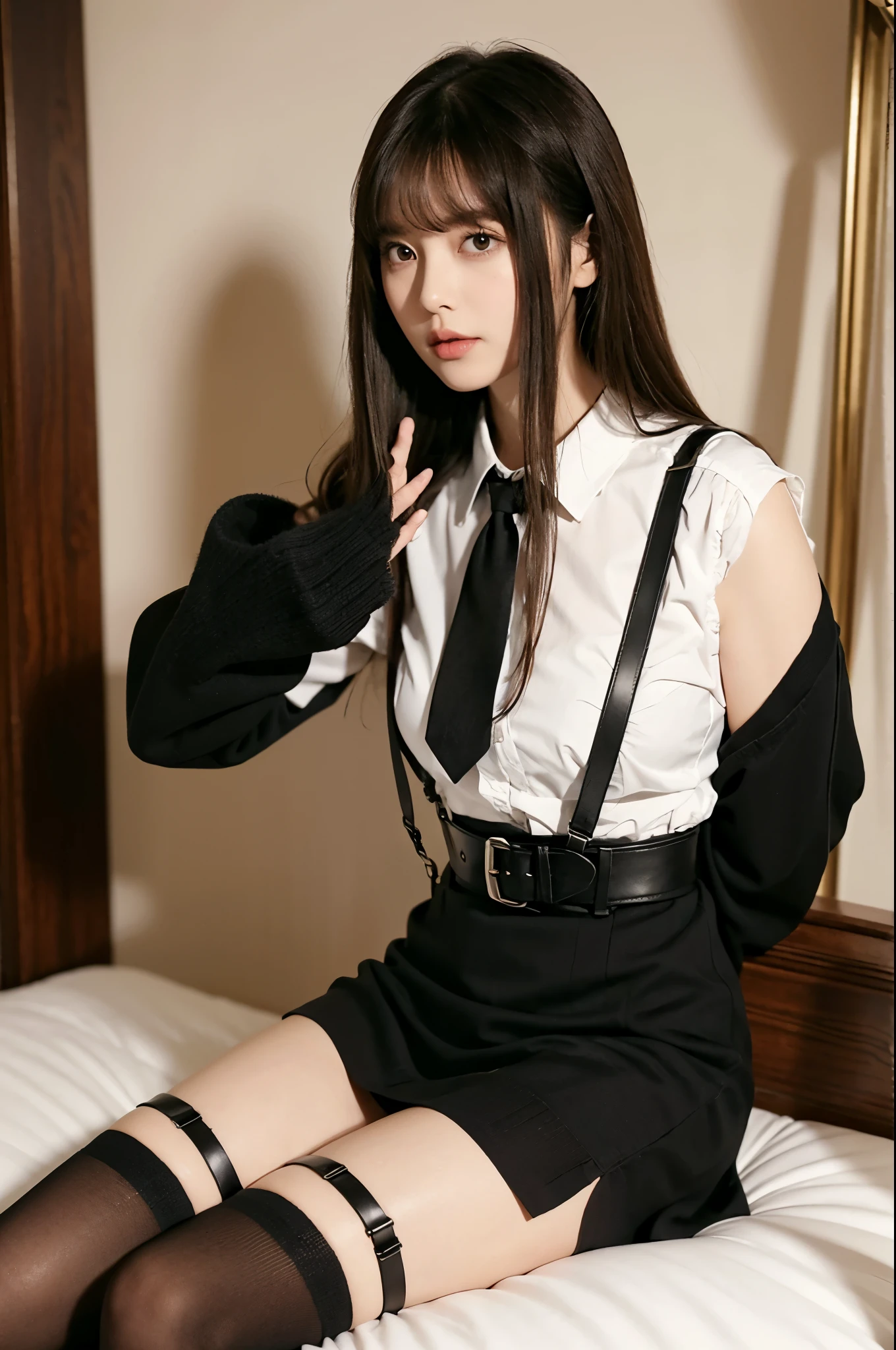 (((On the bed at the love hotel:1.35)))、(((sleep:1.35)))、(((Spread your legs wide:1.35)))、(((mini skirt:1.35)))、(((No underwear:1.35)))、(Tabletop:1.2),high quality,Bright colors,Flat Color,The depth of the written world,Lens flare,1 Girl,Black Hair,eye contact,suit,Collared shirt,Belt Bag,suspenders,Professional,office lady,Mature Woman,黒のmini skirt garter belt Knee-length stockings Black They are not カラコン Armpit sweat sweating Sides of both hands,Black jacket,sight,Ample breasts,Armpit sweat,Exposing your armpits"Tight fitting clothes