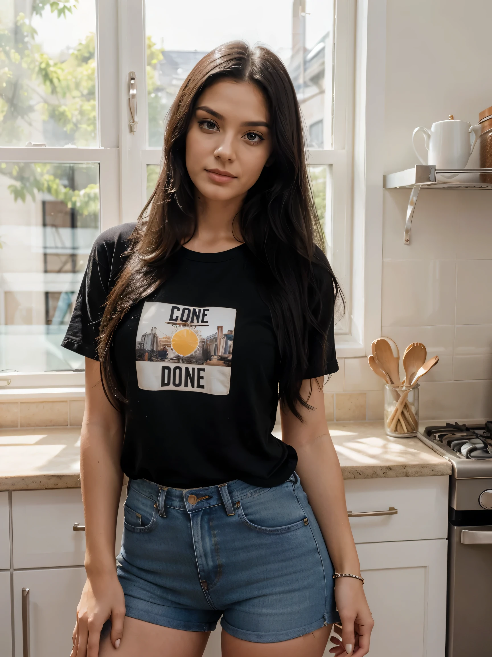 beautiful woman, 23 years old, long, black hair, brunette,in the kitchen, , with sun coming in through the window, , professional photo shoot, fashion session, magazine cover, wearing jeans shorts and tshirt 