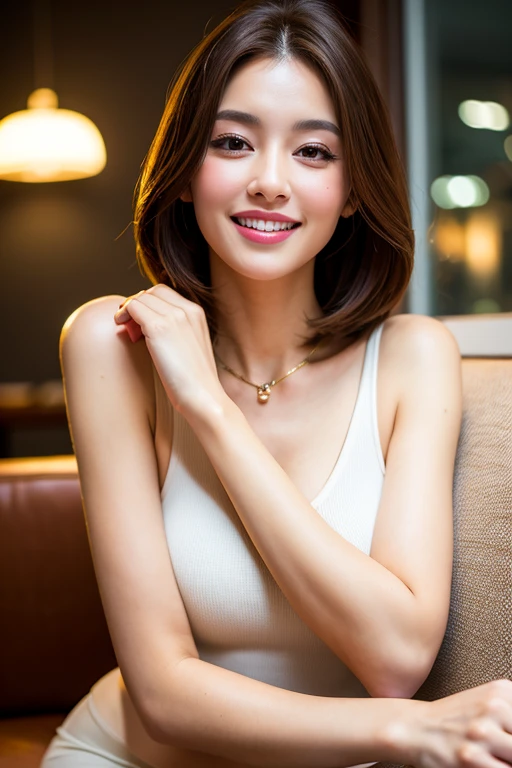 (1girl), brown eyes, A very neat face, (cute smile:1.2), (innocent smile:1.2), (highly detailed eyes, highly detailed face), Women, open-chested white shirt, (Tube top:1.2), accessories, necklace, earrings, (hyper-realistic, hight resolution), (best Quality:1.4), model, Enchanting, Cocktails bar, stylish bar, indirect lighting, (Fine face:1.2),