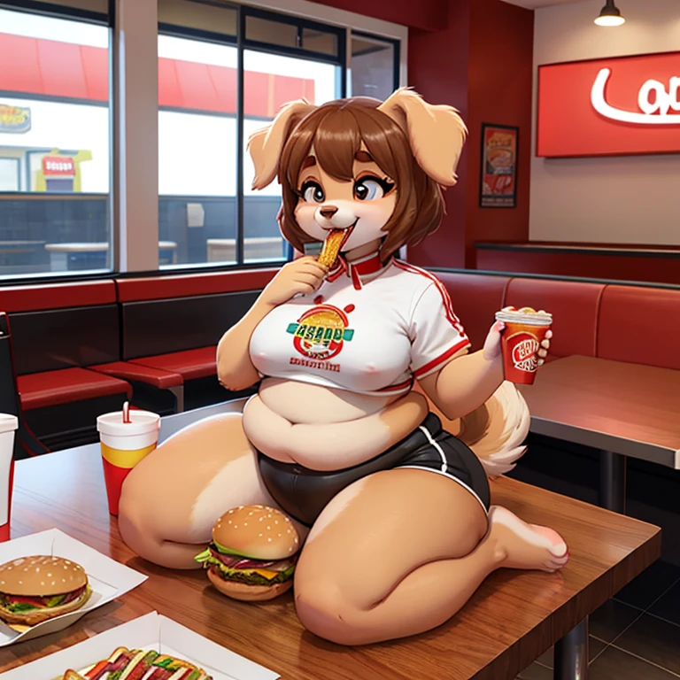 Dog sitting in fast food restaurant, eating a burger, she has a jiggly fat round belly, love handles, crop top, tight clothes, on table are several burgers 