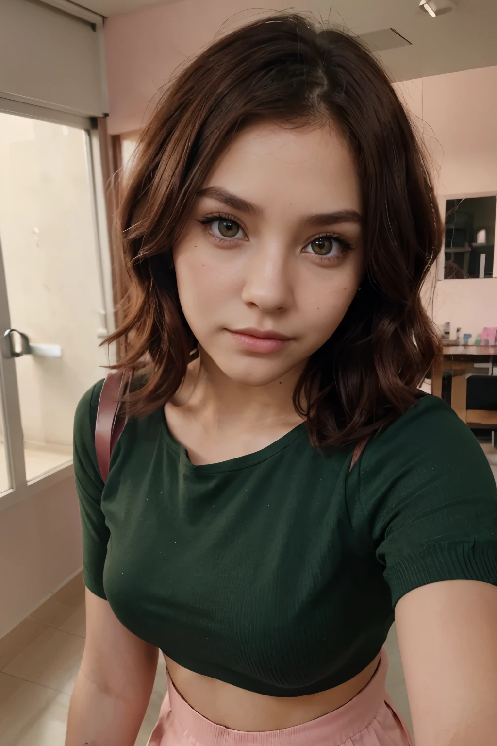 Gamer girl, dark brown complexion, dark green eyes, round face, short wavy red hair, simple makeup, selfie, pastel pink blouse, black cargo pants.