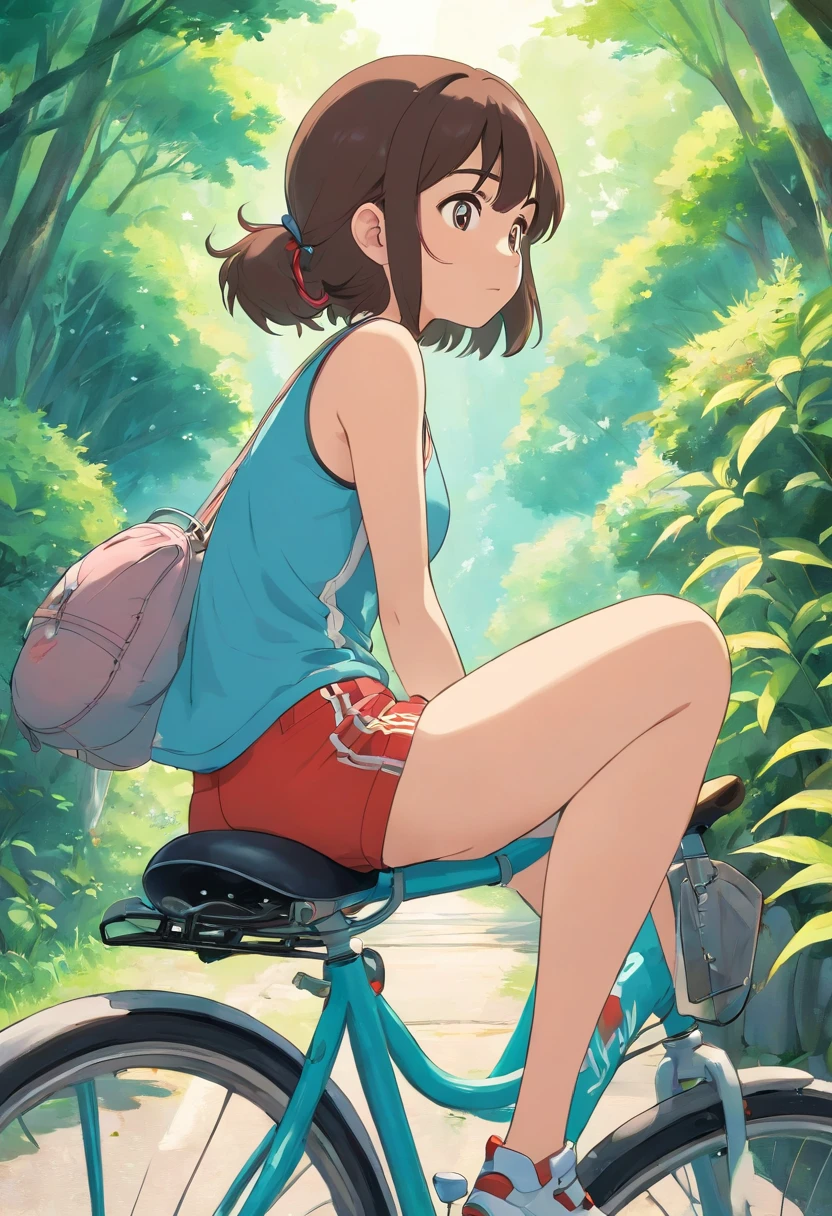 a girl sitting on bicycle saddle cushion, in running shorts, short shorts, ass, looking back,