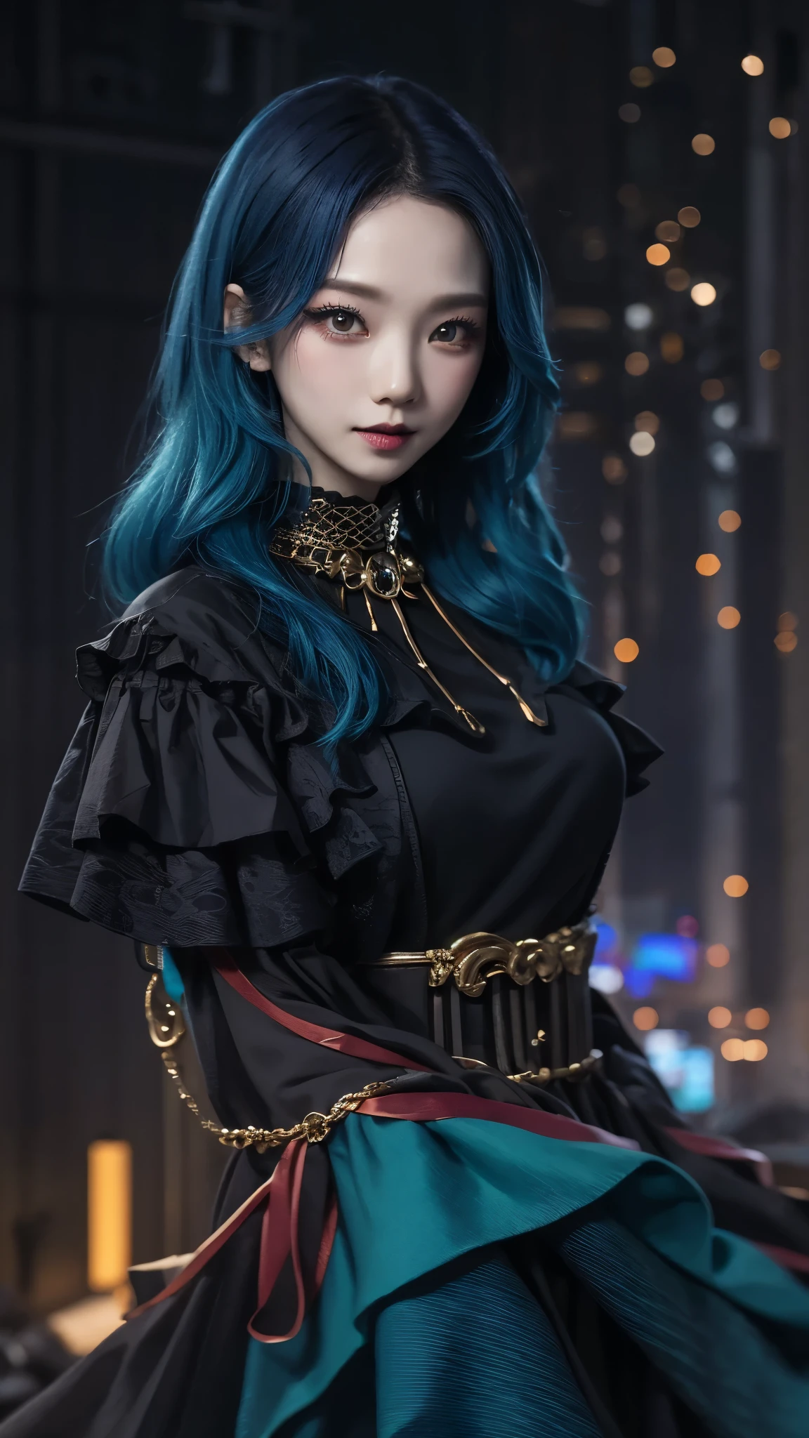 (best quality,8K,masterpiece :1.2), Karina, Asian woman in her 20s,  goth style, heavy makeup, black lips, Deep dark red eyeliner, dark background, night, Inside the abandoned church, blue hair, A gentle smile, black dress,