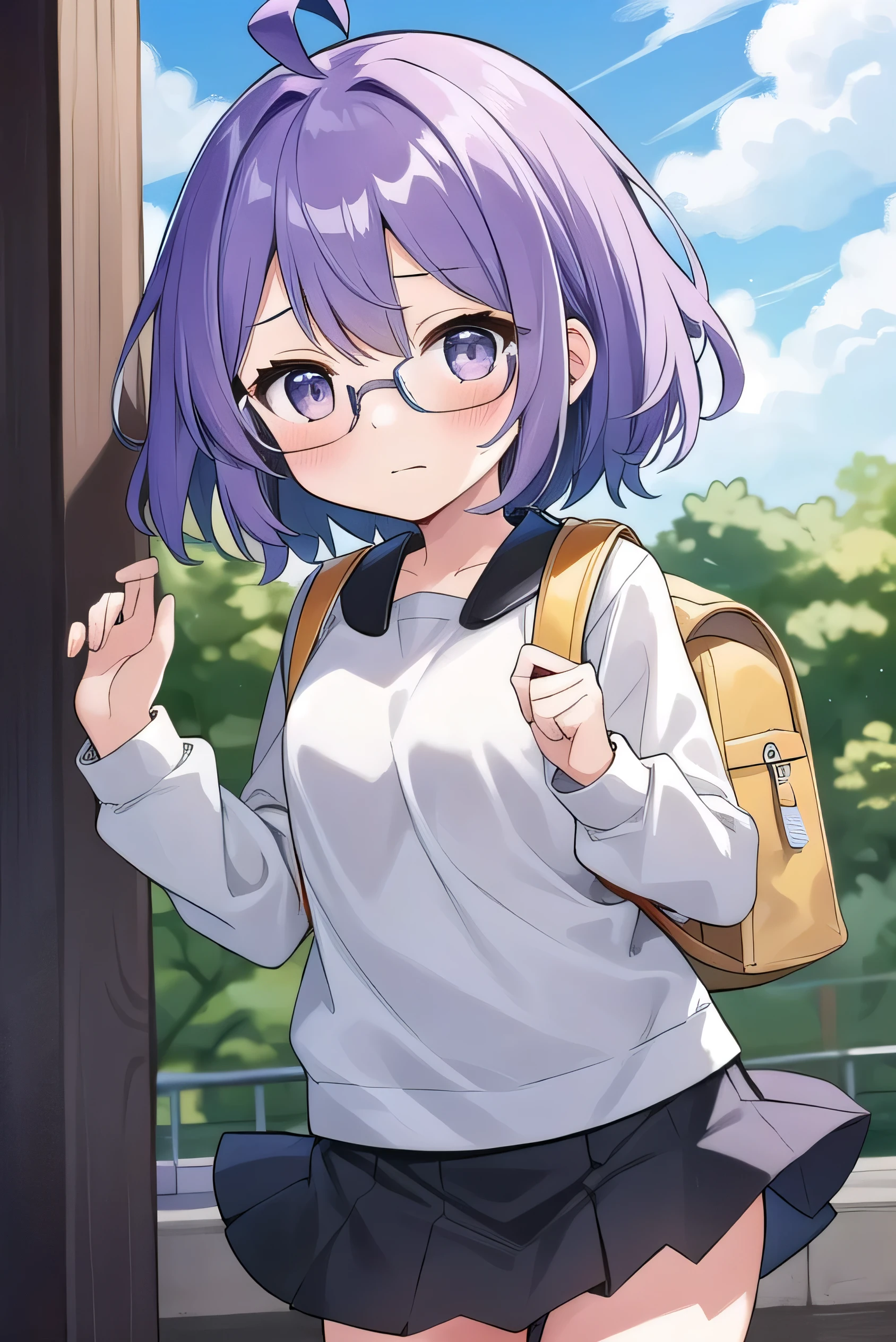 (Purple hair:1.2) , gray eyes, white , navy blue miniskirt, 11 years old, short, short long hair, kind expression, shy, backpack, almost no breasts, slightly exposed. hair,(flipped hair ), flipped hair, long sleeves, ahoge, girl alone, flipped hair, flipped hair, flipped hair, flipped hair, glasses with no edges, embarrassed, her bra is visible, flat chest
