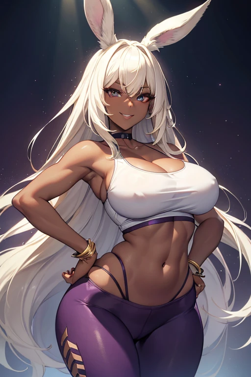 (masterpiece), best quality, highly detailed faces, (SHARP details), 4k, highly detailed, expressive eyes, SHARP detail expressive eyes, (SHARP detail perfect face), ((dark skin)), (bunny ears), (viera), ((platinum blonde hair)), (choker) amber eyes, long and wild hair, (mature woman), (big breasts), smiling, (((dancing))), ((both hands on own hips)), ((hip sway)), toned body, standing, (wearing white shirt), (wearing purple yoga pants), ((solo)),