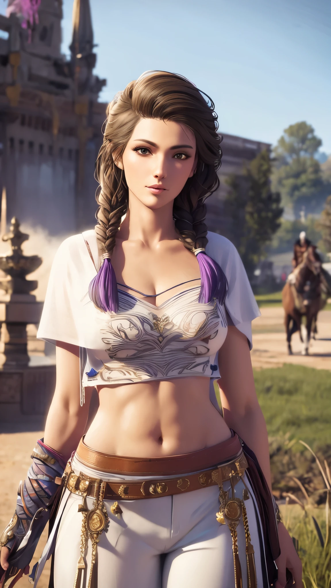 Kassandra Cowgirl holding a blank banner Amish clothing shirt oversized pants Stunning eyes Stunning face Creamy hair Gorgeous hair Cowgirl outfit Stunning clothes Charming colours Amazing colors Very detailed and beautiful Sun background With her nerdy friend and glamorous background, amazing wallpaper, highly detailed and beautiful wallpaper, HD image - auto fonts - neon fonts,, , neon blue, neon in different colors, cyberpunk,, Colorful neon lights