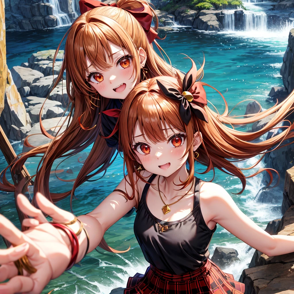 Brown, red, gold, golden hair、Red eyes、One good looking girl、solo、anime、Checkered mini skirt、Black camisole、Black T-shirt、hoodie、Wearing a ribbon、Ribbon on waist、Crystal Earrings、Gemstone Necklace、Light and shadow、Tilting face、Teeth are visible、waterfall、Kuroko、tunnel、pylon、Sunset sky、Towering、frilled lizard、light