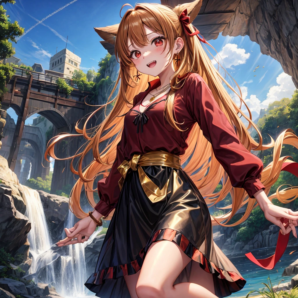 Brown, red, gold, golden hair、Red eyes、One good looking girl、solo、anime、Checkered mini skirt、Black camisole、Black T-shirt、hoodie、Wearing a ribbon、Ribbon on waist、Crystal Earrings、Gemstone Necklace、Light and shadow、Tilting face、Teeth are visible、waterfall、Kuroko、tunnel、pylon、Sunset sky、Towering、frilled lizard、light