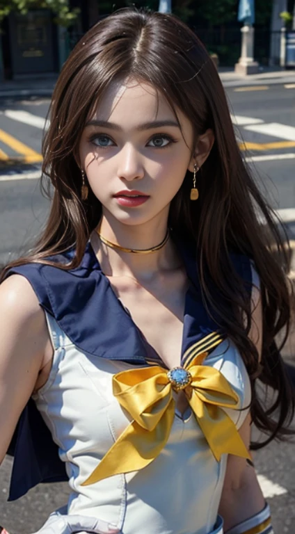 ((masterpiece:1.4)、(highest quality:1.4)、(Realistic:1.7))、Masseter muscle area:1.4、Beautiful girl、(Sailor Moon:1.4)、Sexy, form-fitting combat suits for women、(Latex Gloss)、(The jacket is a white sleeveless sailor suit.)、(The skirt is a sexy super miniskirt in blue.)、The collar of the sailor suit is blue.、There are two thin lines.、Red cloth decoration on chest、(wearing white gloves)、pretty girl、Super Beauty、Sharp focus、Portrait Photography、Upper body photo shoot:1.4、Beautiful Face、Beautiful Eyes、Tight waist、(Yellow long hair:1.4)、RAW Photos、Red lips、Red Boots:1.4、choker:1.4、necklace:1.4、Earrings:1.4、1 Screen Display、Outdoor Scenery