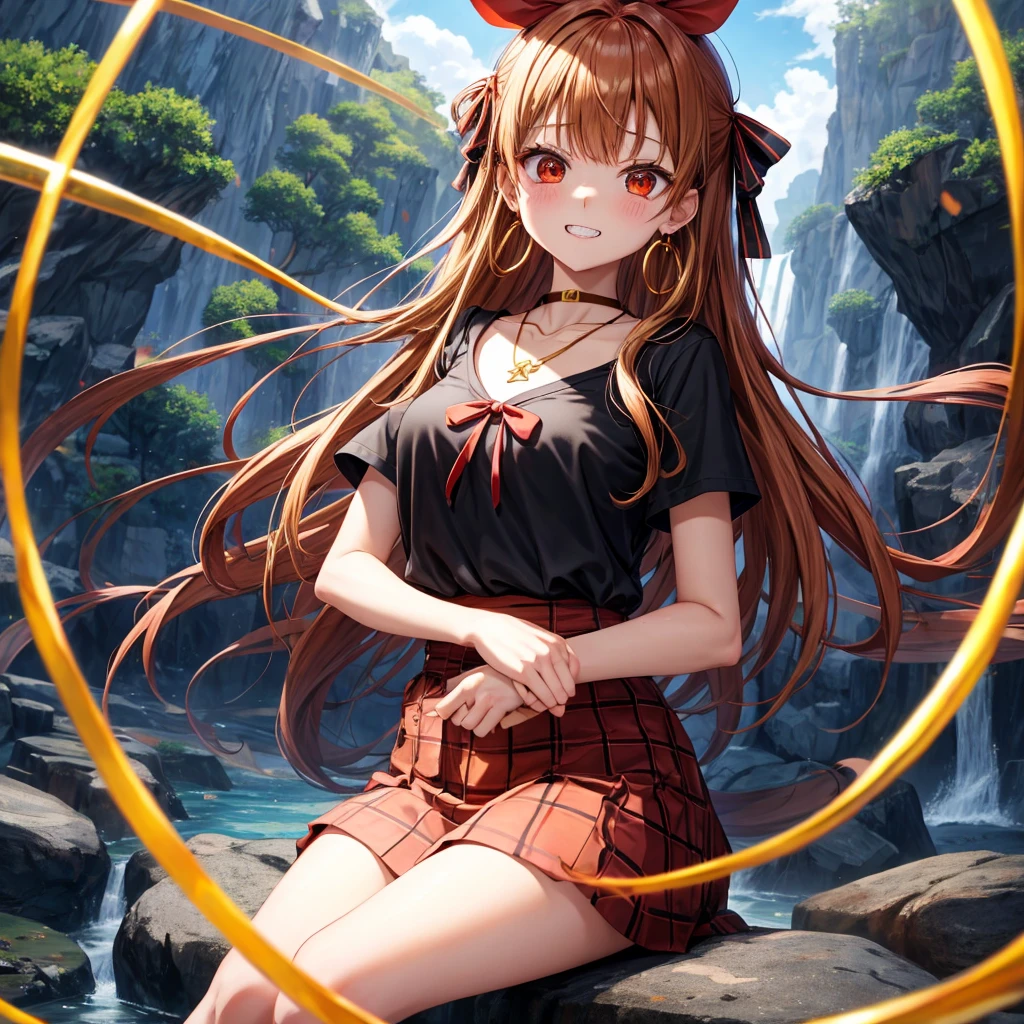 Brown, red, gold, golden hair、Red eyes、One good looking girl、solo、anime、Checkered mini skirt、Black camisole、Black T-shirt、hoodie、Wearing a ribbon、Ribbon on waist、Crystal Earrings、Gemstone Necklace、Light and shadow、Tilting face、Teeth are visible、waterfall、Kuroko、tunnel、pylon、Sunset sky、Towering、frilled lizard、light