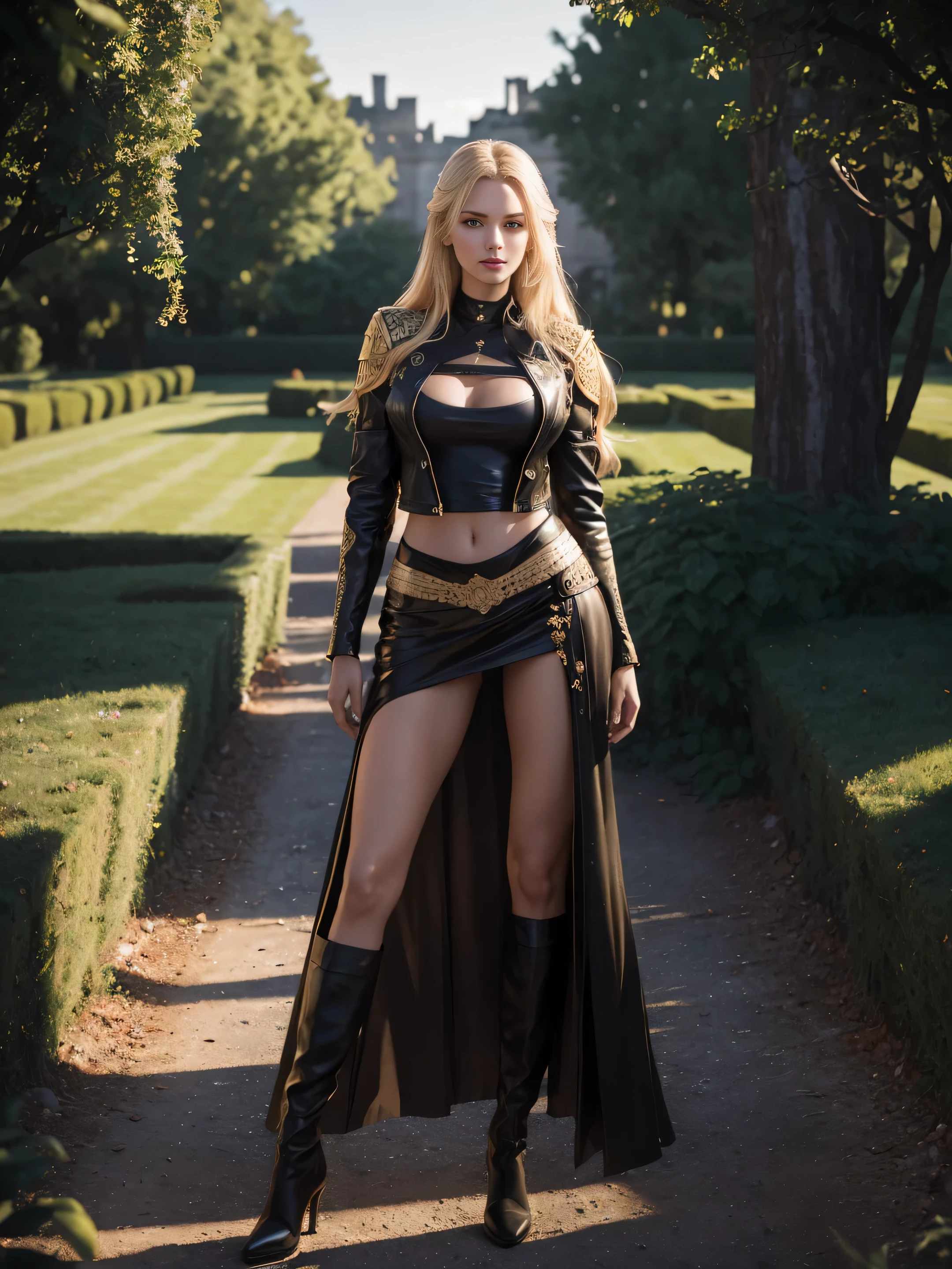 full body princess, in gold trim, in knight's armor, standing in a deserted garden of a palace, night, starry sky, full length, very long blonde hair, blue eyes, full red lips, brown skin, body - hugging black skirt, black motorcycle leather jacket, white short t - shirt, wearing black booties, ultra - realistic leather texture, sensual curves, sensual gaze, high quality, cinematic, photorealistic, reverse realistic, high resolution, extremely intricate details, canon 5D mark IV, 85mm, f/ 1. 4, iso 100 8k