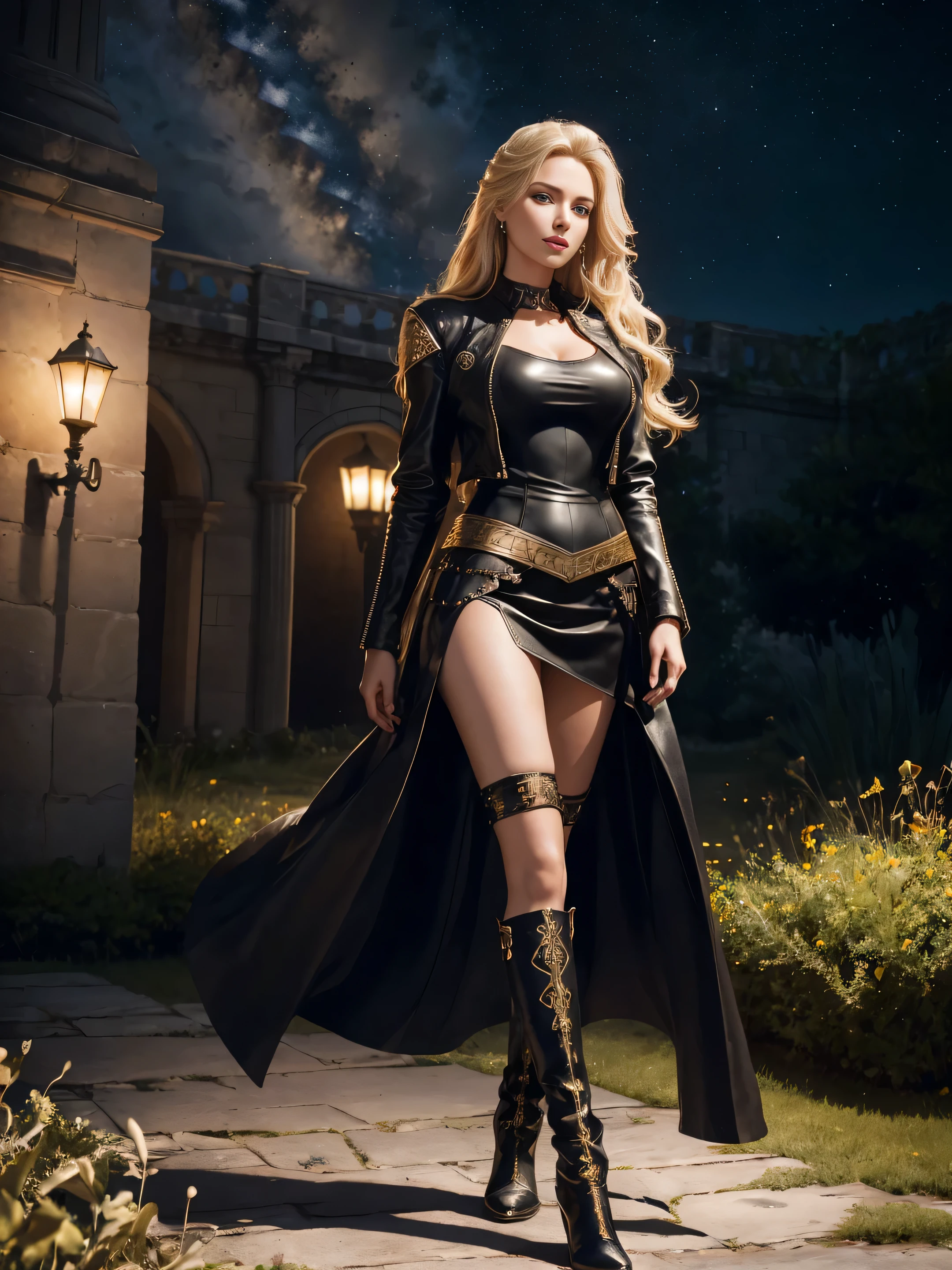 full body princess, in gold trim, in knight's armor, standing in a deserted garden of a palace, night, starry sky, full length, very long blonde hair, blue eyes, full red lips, brown skin, body - hugging black skirt, black motorcycle leather jacket, white short t - shirt, wearing black booties, ultra - realistic leather texture, sensual curves, sensual gaze, high quality, cinematic, photorealistic, reverse realistic, high resolution, extremely intricate details, canon 5D mark IV, 85mm, f/ 1. 4, iso 100 8k