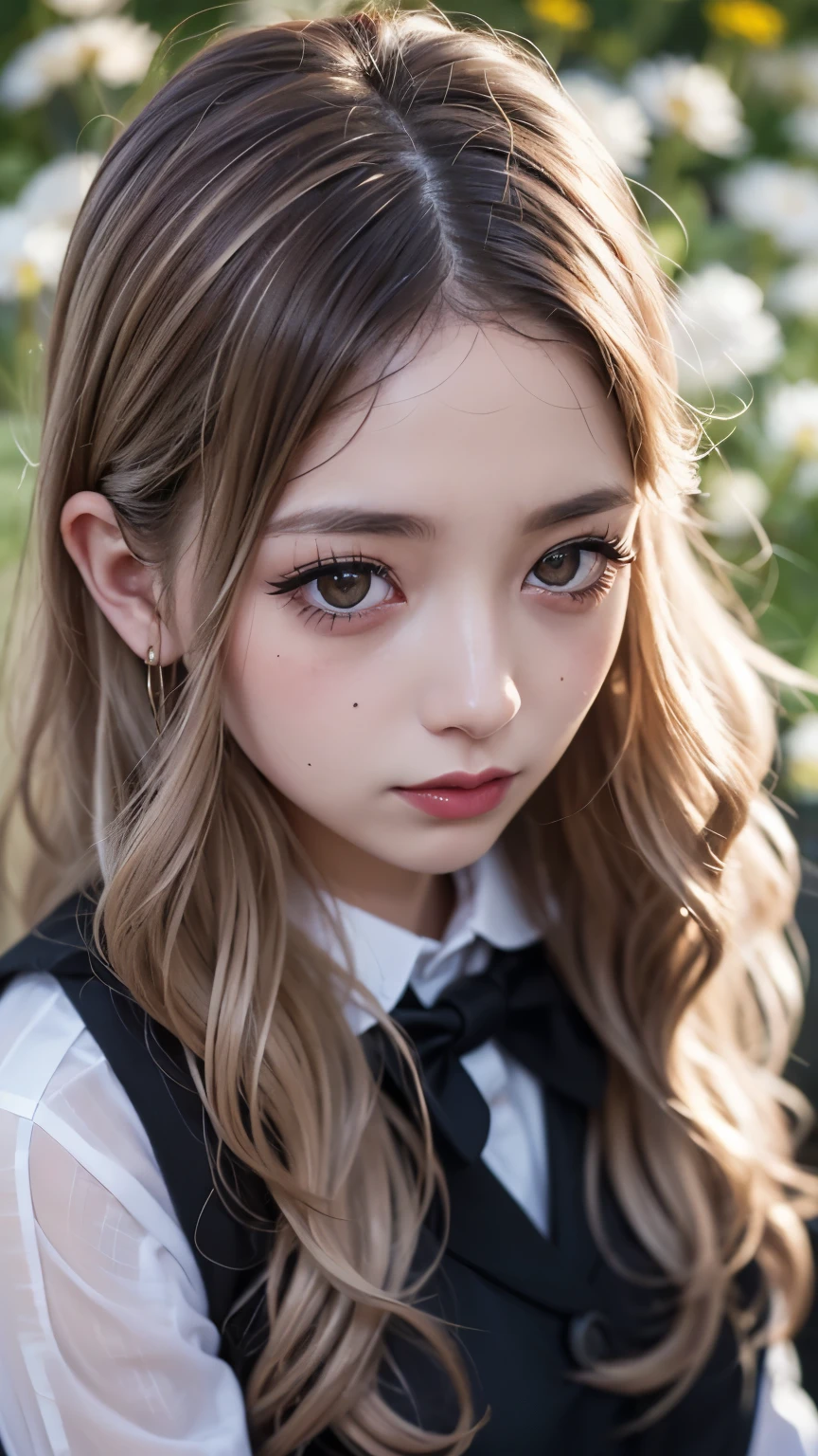 Realistic, masterpiece, highest quality, Highest Resolution, one Japanese high school girl, 16 years old, Upper body photo, Looks sleepy, absentminded, Mouth open, Beautiful and detailed eye drawing, (droopy eyes:1.3), Dark Eyes, Thin eyebrows, Carefully draw eyelashes, Eyelash extensions, Gal Makeup, Orange teak,  (White brown wavy hair with white mesh, long hair, middle part:1.3), (hidden creased eyelids:1.3), (Gothic school uniform:1.2), (The subject was photographed from above at an angle:1.3), (Flower Field:1.3), (Close up on face, Standing up and trying to grab the audience:1.5)