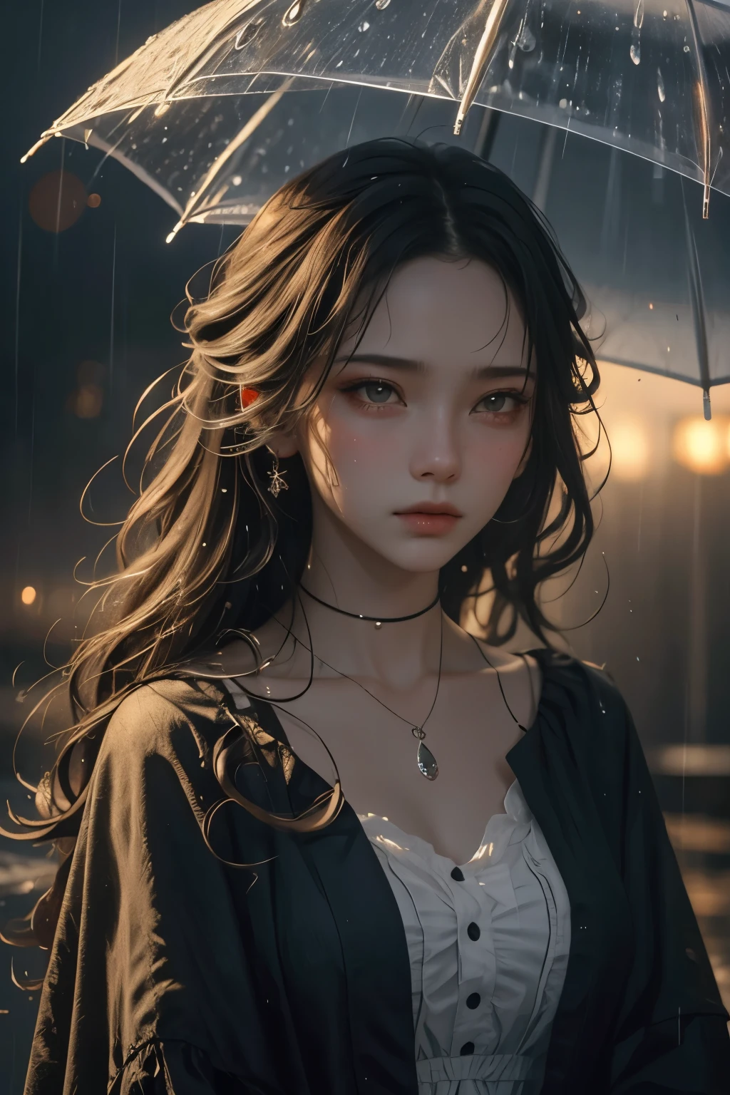 A (girl walking in the rain), beautiful intricate detailed face, elegant long dress, (sorrowful expression:1.3), (dark rainy atmosphere:1.2), moody dramatic lighting, (realistic, photorealistic, photo-realistic:1.37), (best quality, 4k, 8k, high resolution, masterpiece:1.2), ultra-detailed, muted color palette, melancholic and emotional, dramatic stormy background, (wet hair, water droplets:1.1)