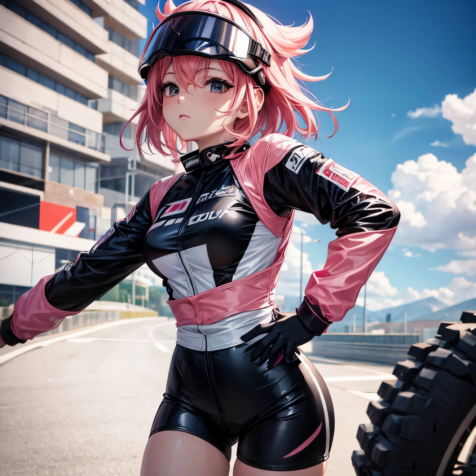 ((Highest quality)), ((masterpiece)), (detailed), Perfect Face, ((Highest quality, 8k, masterpiece: 1.3)), Real Anime、3d、Splatoon Girl、Sharp focus Beautiful woman with perfect body, Slim abdomen, Highly detailed face and skin texture, detailedな目金色の目, smile, Multicolored tentacle hair、 ponytail、big heart earrings, ((Race Queen)), gigantic breast、FI turns around, Background Car, Race Queenコスチューム, Sunburned skin, Brown Skin