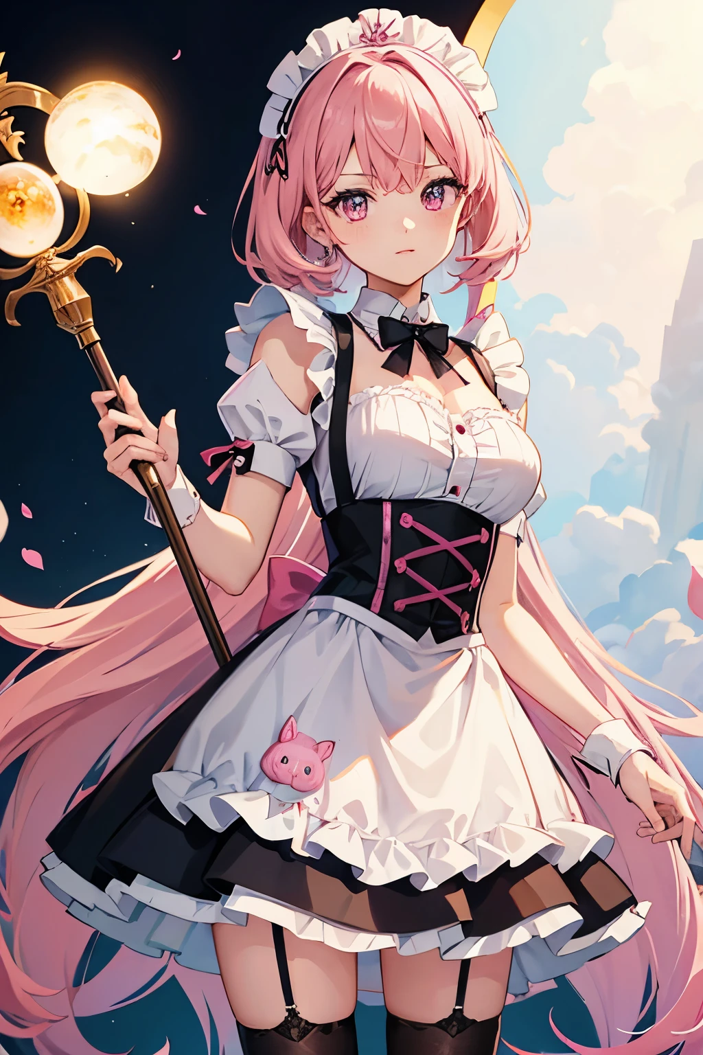 girl, maid costume, holding staff, pink hair, pink eyes, standing