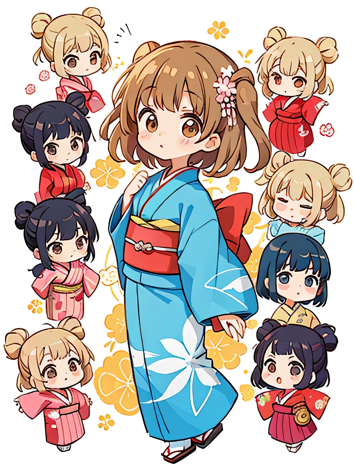 Machiko Satonaka style, Kawaii Design, most beautiful girl ever、Chibi, (((Lots of friends)))、kimono、(((Long-sleeved kimono)))