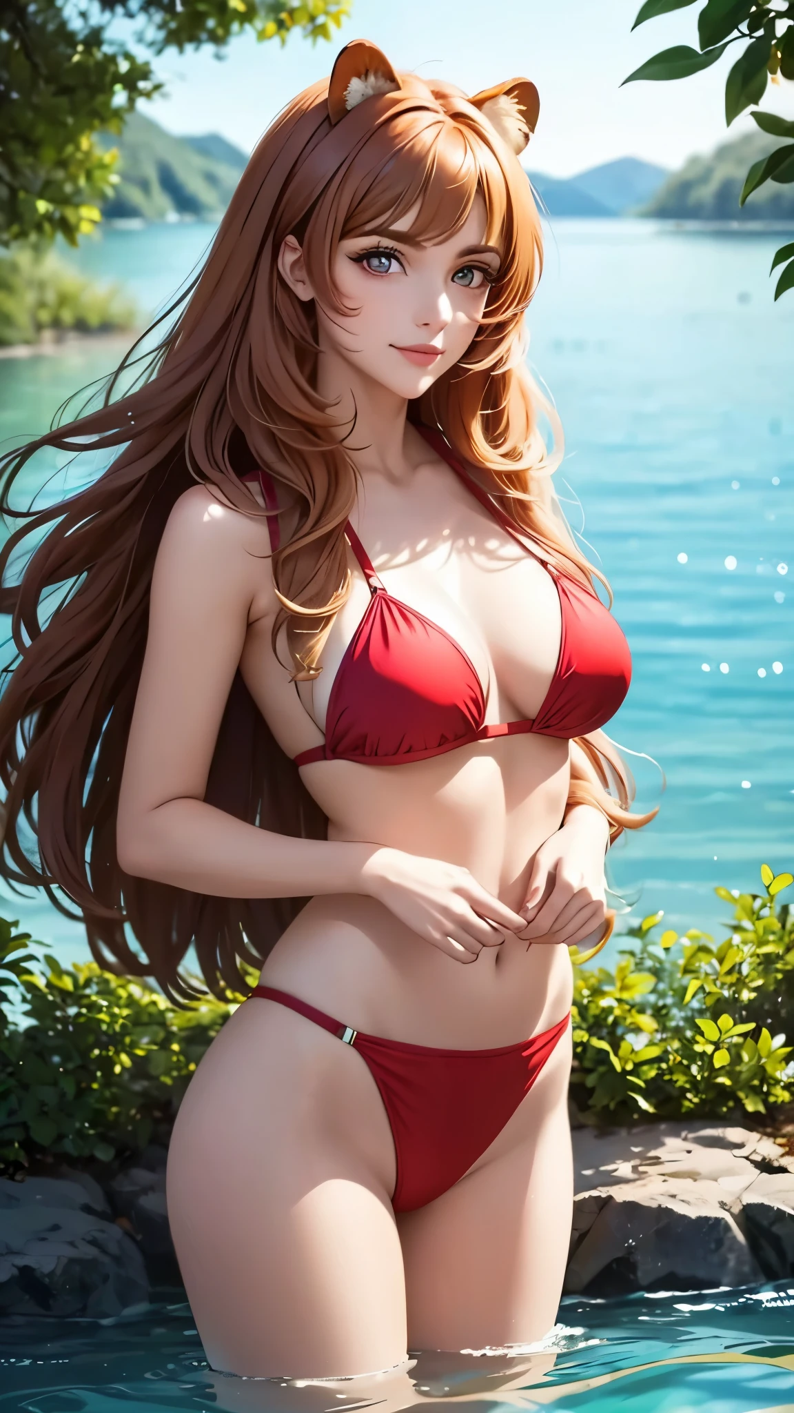 Raphtalia, attractive 30 year old woman. orejas de oso, cabello rubio brillante, red eyes like rubies, rubor, smug look, sonrisa siniestra, pechos grandes, bikini naranjo con de tigre, accesorios de oro, , pechos grandes, alta calidad. fondo un lago. de noche. luna llena. manos perfectas. gotas de agua en su pecho, sudor.