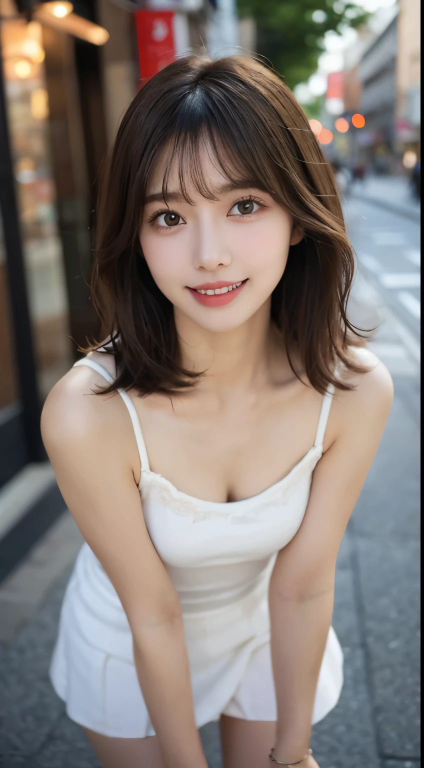 Very beautiful and angelic cute girl, beautiful and detailed eyes, detailed double eyelids, (big eyes: 1.3), long eyelashes, see-through bangs, (beautiful detailed face and eyes: 1.4), small nose, small mouth , beautiful long hair, happy smile with visible teeth, camisole and miniskirt (highest quality: 1.2), raw photo, high resolution, perfect in every detail, professional shooting, beautiful woman in white underwear, beautiful legs, body, beautiful breasts, lighting, walking, in the city, brown hair,