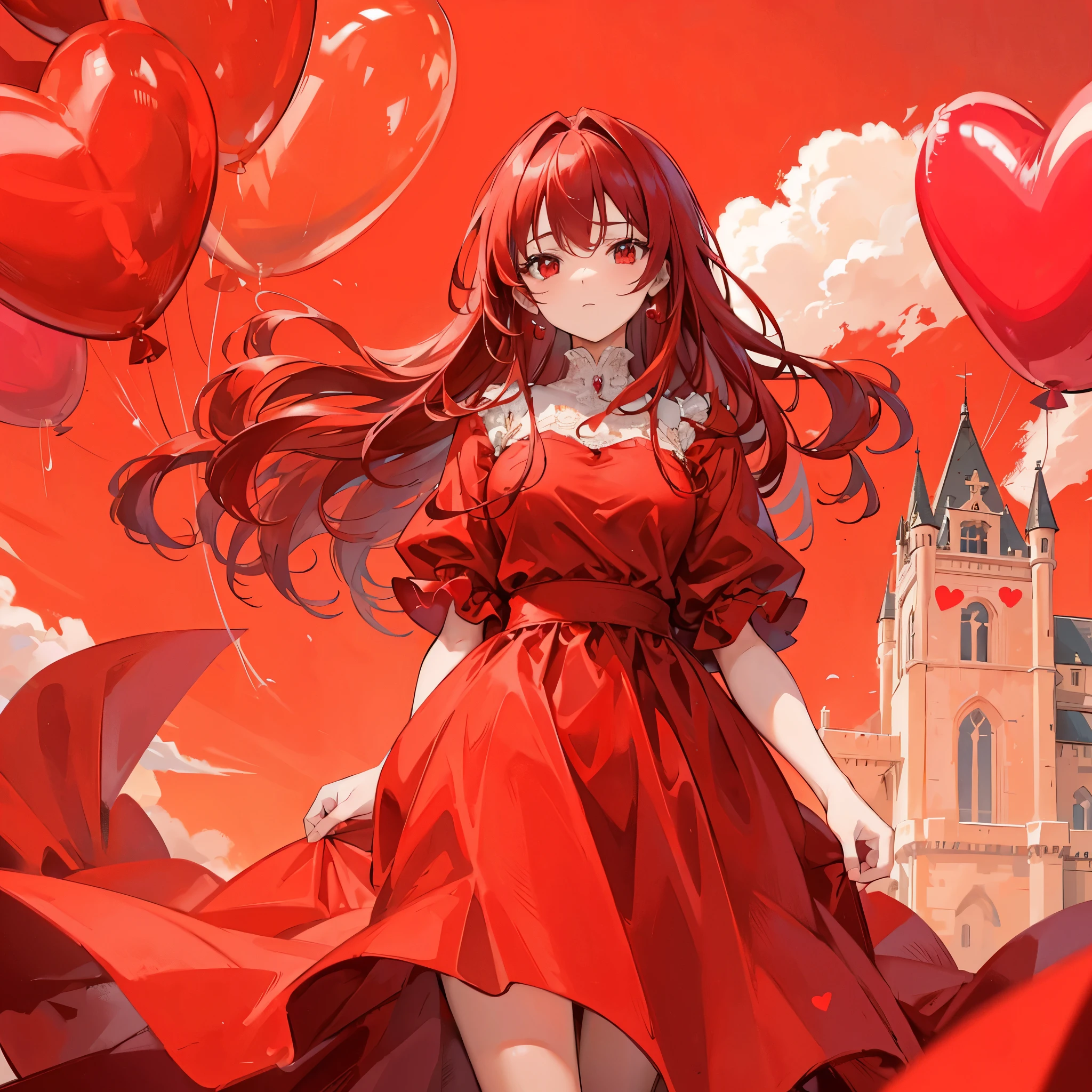 Top quality, masterpiece, a red castle stands behind, red background, many red heart-shaped balloons flying behind, a woman in a red dress, walking on a red carpet, red long hair hair, red eyes,