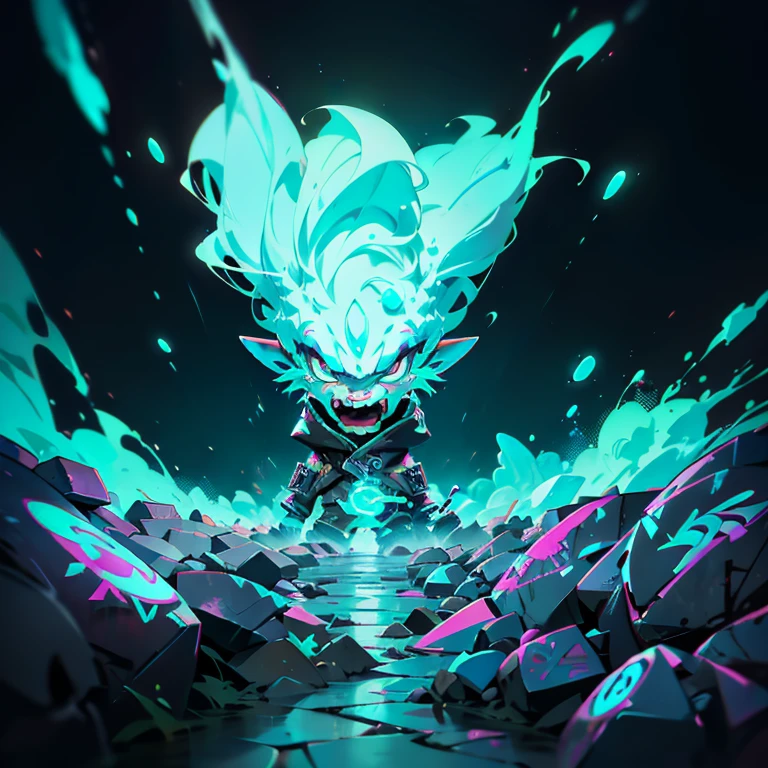 warrior, slimes, league of legends splashart, dark street, pulsing energy, ability image, avatar image ((Trigger studio style, graffiti art, rock punk, cubo neon colors))), 5:2