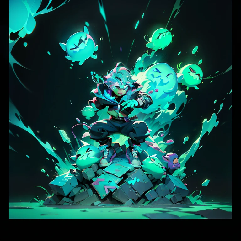 warrior, slimes, league of legends splashart, dark street, pulsing energy, ability image, avatar image ((Trigger studio style, graffiti art, rock punk, cubo neon colors))), 5:2