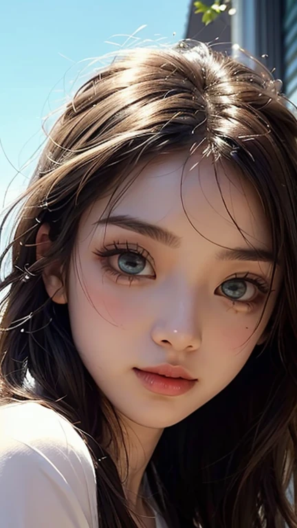 1 girl,more details in eyes,cute,looking at viewer, adorabel girl,cute face,details sky,pretty,young,juvenile,((masterpiece:1.4,best quality)),multiple details,colorful hair,eyeshadow,, sfw,   