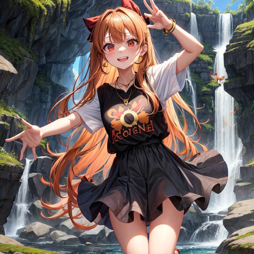 Brown, red, gold, golden hair、Red eyes、One good looking girl、solo、anime、Checkered mini skirt、Black camisole、Black T-shirt、hoodie、Wearing a ribbon、Ribbon on waist、Crystal Earrings、Gemstone Necklace、Light and shadow、Tilting face、Teeth are visible、waterfall、Kuroko、tunnel、pylon、Sunset sky、Towering、frilled lizard、light