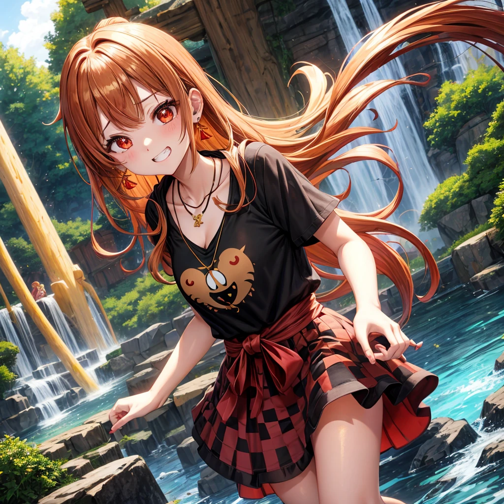 Brown, red, gold, golden hair、Red eyes、One good looking girl、solo、anime、Checkered mini skirt、Black camisole、Black T-shirt、hoodie、Wearing a ribbon、Ribbon on waist、Crystal Earrings、Gemstone Necklace、Light and shadow、Tilting face、Teeth are visible、waterfall、Kuroko、tunnel、pylon、Sunset sky、Towering、frilled lizard、light