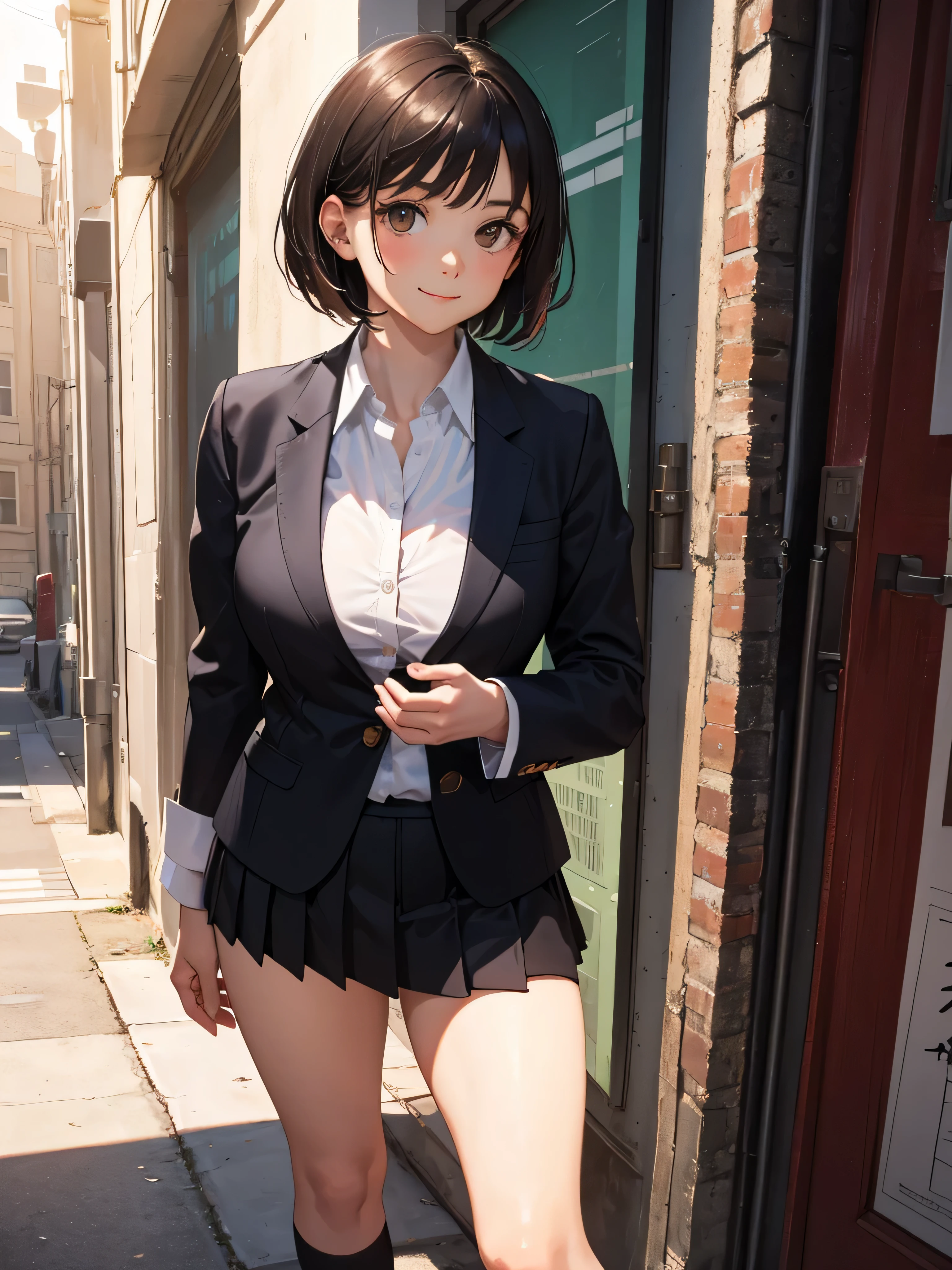(masterpiece:1.2, highest quality), (Realistic, photoRealistic:1.4), Beautiful illustrations, (Natural Side Lighting, Cinema Lighting), 
View your viewers, Cowboy Shot, Front view, 1 girl, Japanese, high school girl, Perfect Face, Cute and symmetrical face, Shiny skin, 
(short hair:1.2, Bobcut:1.2, Brown Hair), Swept-apart bangs, Dark brown eyes, Long Eyelashes, (Large Breasts:0.6, Captivating thighs), 
Beautiful Hair, Beautiful Face, Beautiful fine details, Beautiful clavicle, Beautiful body, Beautiful breasts, Beautiful thighs, Beautiful feet, Beautiful fingers, 
(((Black blazer, Close Blazer), White collared shirt with long sleeves, Black pleated skirt, Black socks)), 
(Beautiful views), evening, street, Are standing, (Cute smile, Upward glance), 