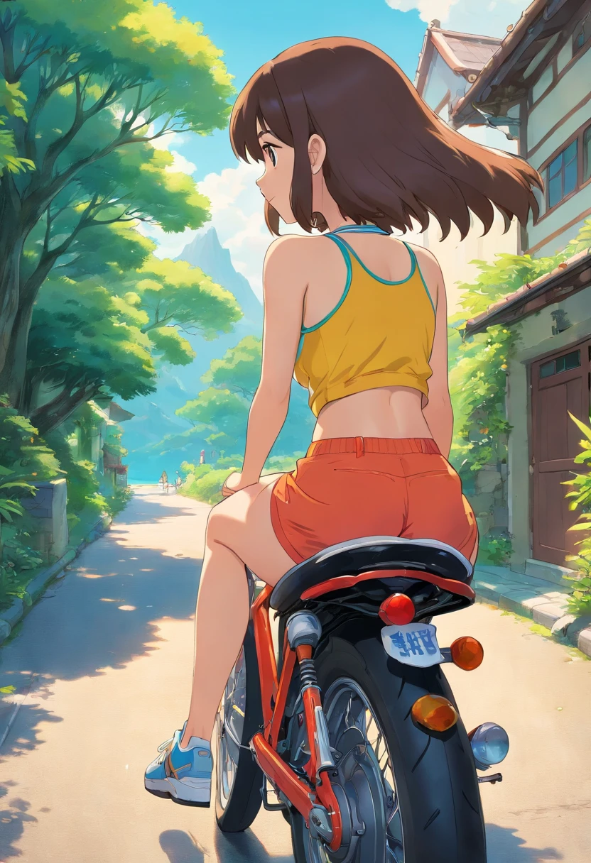 a girl sitting on motorcycle saddle, in running shorts, short shorts, ass, looking back,
