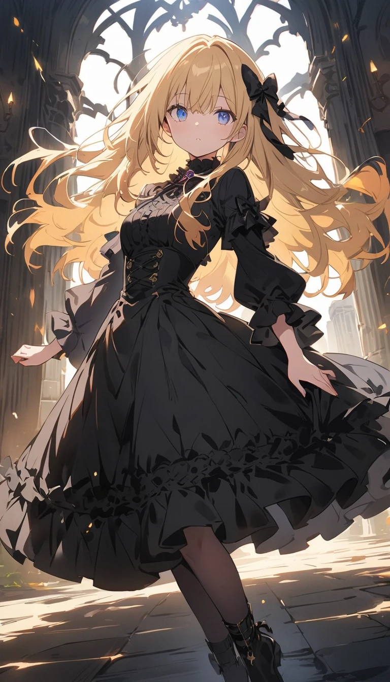 (非常にdetailedな 、 8k wallpaper,masterpiece, highest quality, 非常にdetailedな),(Best lighting, Best Shadow, Very delicate and beautiful),floating,(High saturation),Blonde+blue eyes:1.2,Gloomy Gothic Landscape, Long Hair, Gazing into the distance. (長いブロンドの髪と輝くblue eyesのゴシック照明を持つ美しい女の子)、(Gothic ta Clothing)、(highest quality、masterpiece、High resolution、detailed)、animeスタイル、Flat Style、(Shining Eyes、detailed美しい顔), BREAK,extremely detailed、Dynamic Angle、(anime)、fullbody、Stylish Gothic Western-style building、Western