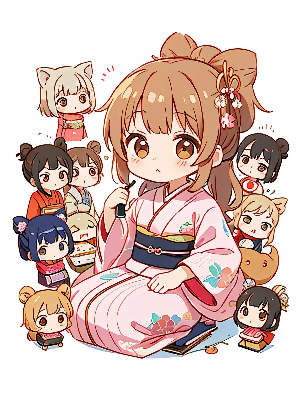 Machiko Satonaka style, Kawaii Design, most beautiful girl ever、Chibi, (((Lots of friends)))、kimono、(((Long-sleeved kimono)))、tea room