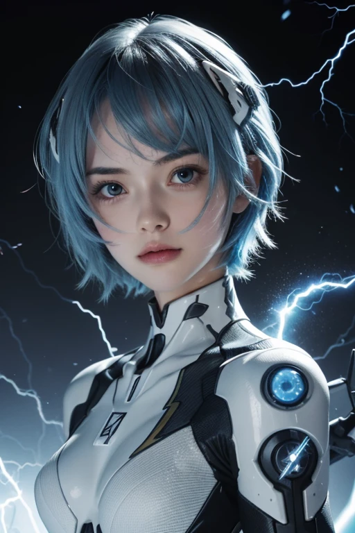 Woman in futuristic suit with blue hair and lightning bolt, Perfect android girl, ayanami,