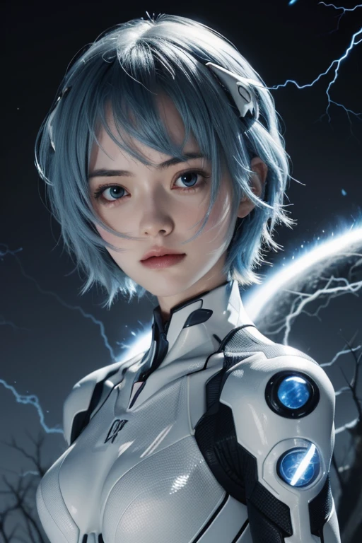 Woman in futuristic suit with blue hair and lightning bolt, Perfect android girl, ayanami,