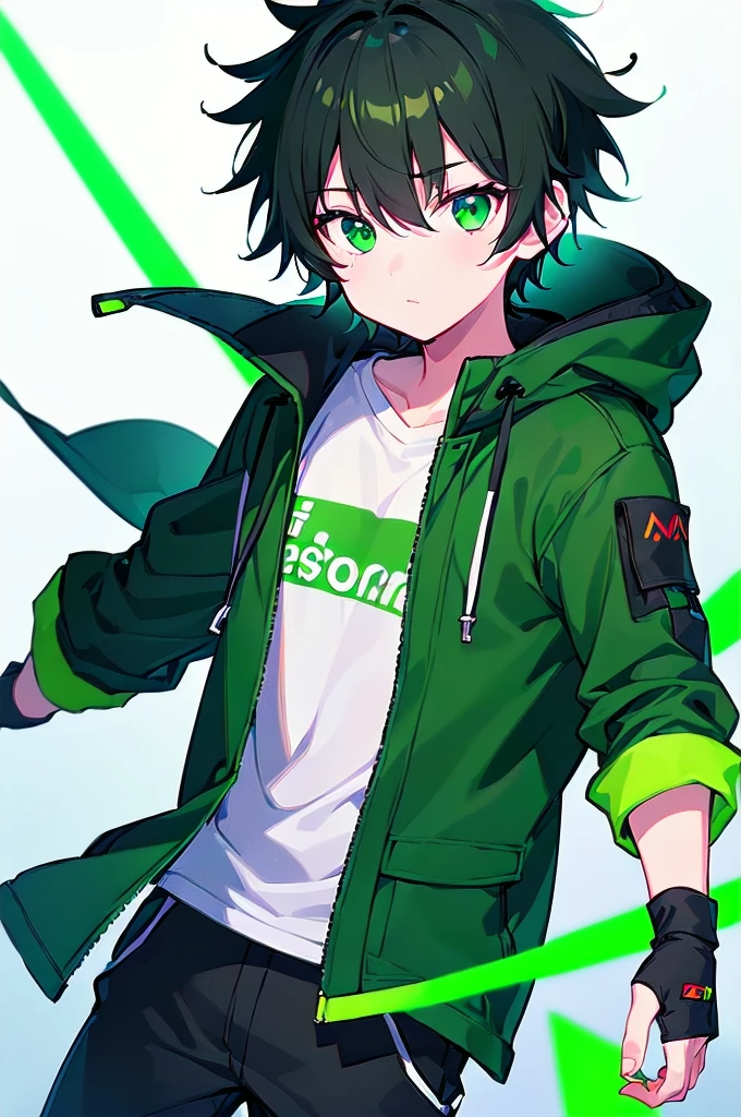 [(WHITE BACKGROUND:1.5),::5], ((((masterpiece)))), high quality, ultra_very_high_resolution, large_filesize, (green base), full color, ((solo)), (()), (((black short hair))), green eyes, anime, neon light, black parka,