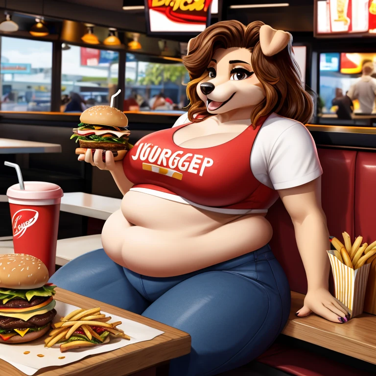 Dog sitting in fast food restaurant, about to bite into a burger, she has a jiggly fat round belly, love handles, small shirt, tight clothes, (there is a large drink, fries, and several burgers on the table in front of her)