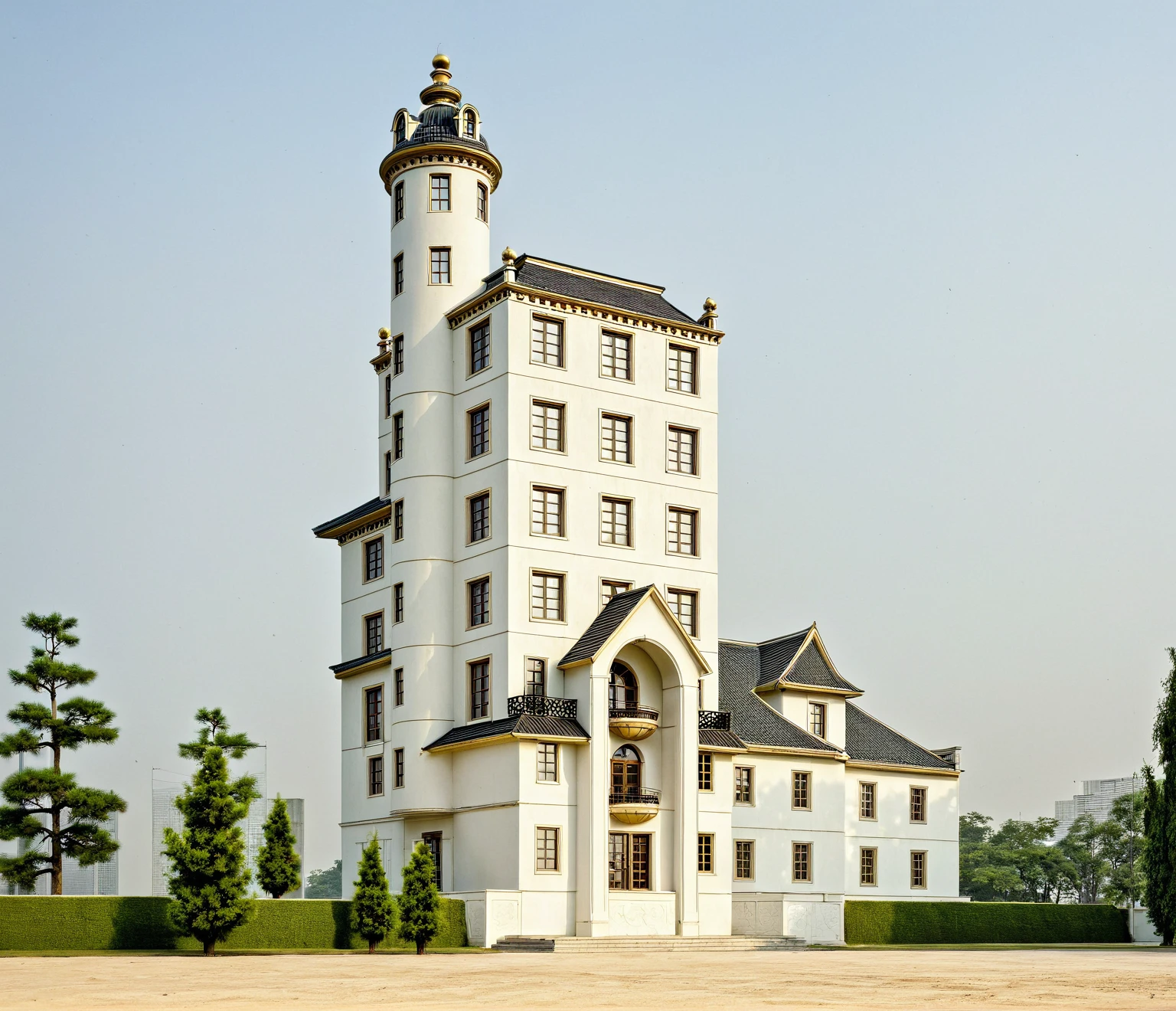 a man walking in front of a large white house with a lot of dirt, photo from 2022, neo - classical style, rich house, majestic masterpiece, neoclassical style, neo-classical, neo - classical, huge smashed mansion, neoclassicism style, guangjian, a long-shot from front, f42, hou china