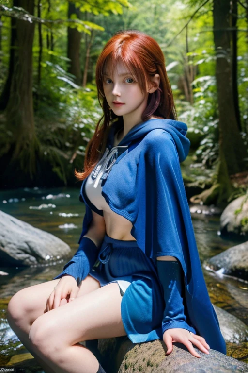 8k, highest quality, (Realistic:1.4), RAW Photos, One girl, Redhead, , Blue hooded cape,  Pause: Sitting on a rock in a forest river, Yellow Eyes,  -