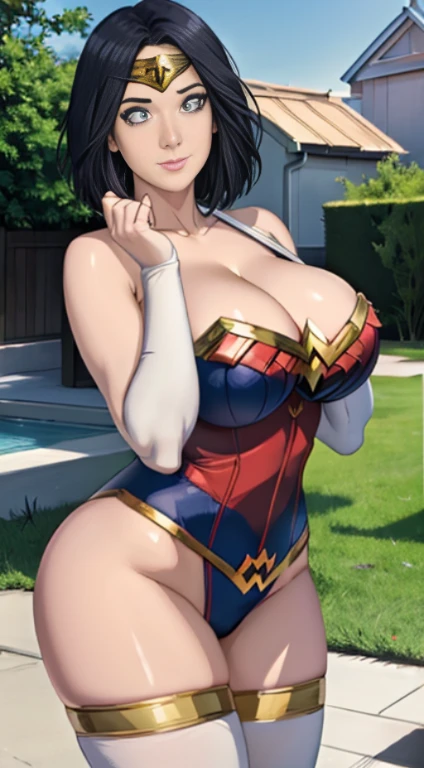 Extremely cute girl, big sized breasts, smiling, wonder woman costume, happy girl, cute smile, hands up, cleavage, MILFs, thigh legs, short dark blue hair, hair over shoulder, white eyes, wonder woman costume, perfect curvy shaped body, ultra realistic squinting sexy eyes massive sized breasts, standing, thigh legs, white eyes, beautiful and perfect face, sunlight and garden background, short hair, white colour eyes